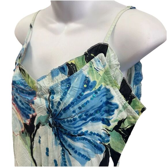 Chaudry Dress Womens Small Runs Big Blue Floral Sequin Tiered Sleeveless Midi - Picture 4 of 12